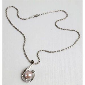 Vintage Pink Pearl Diamond Pendant Necklace Fancy Chain 20 Inch